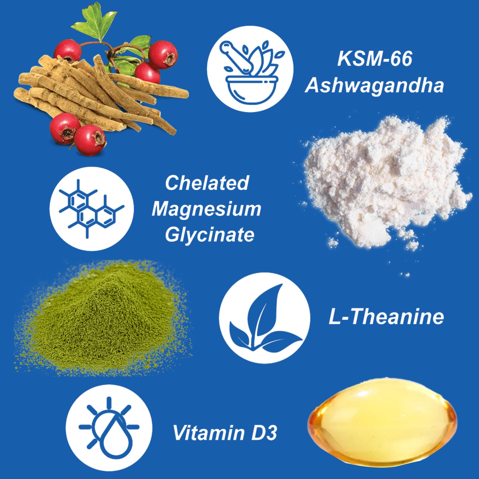 Ingredient highlights: Ashwagandha, L-Theanine, Magnesium Glycinate, Vitamin D3