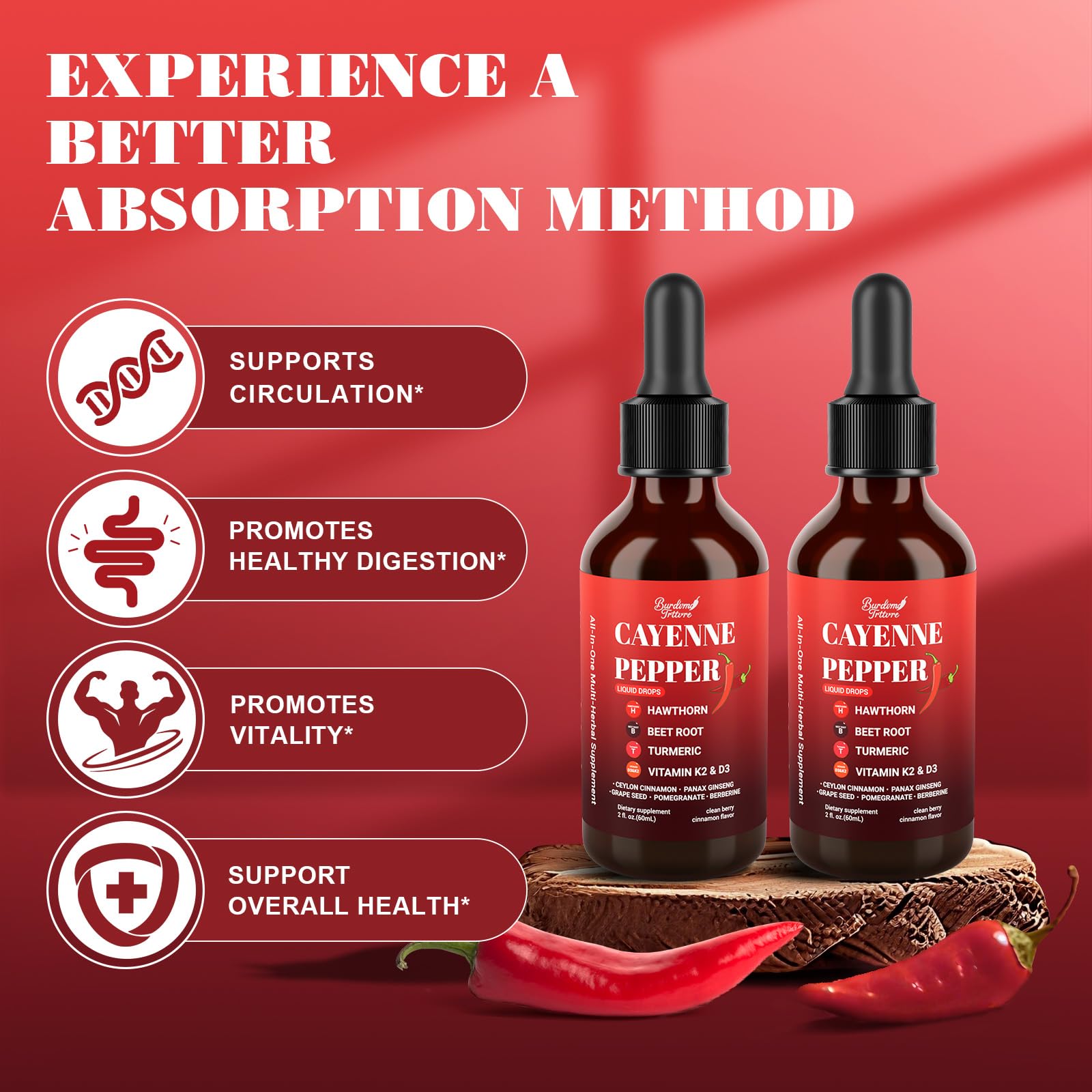 Transparent bottle of cayenne pepper drops being added to water