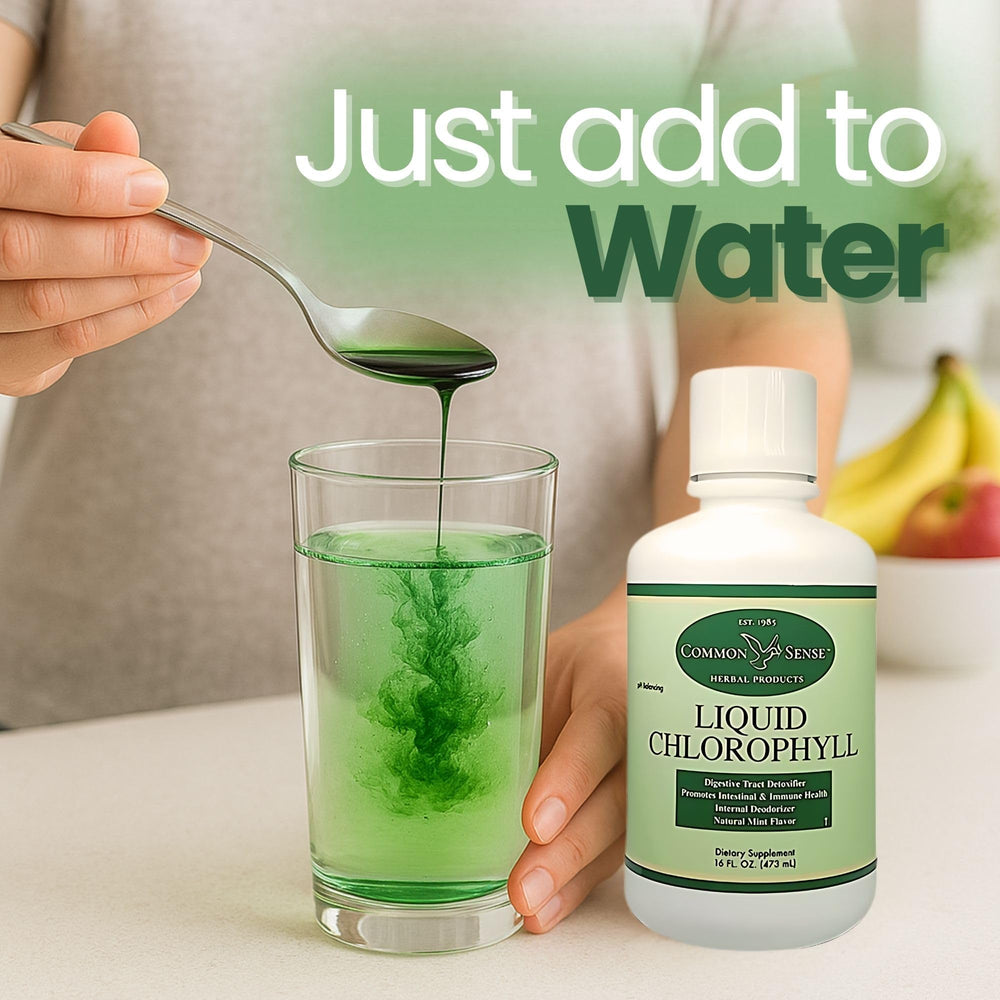 Pouring Liquid Chlorophyll 16oz mint into a glass
