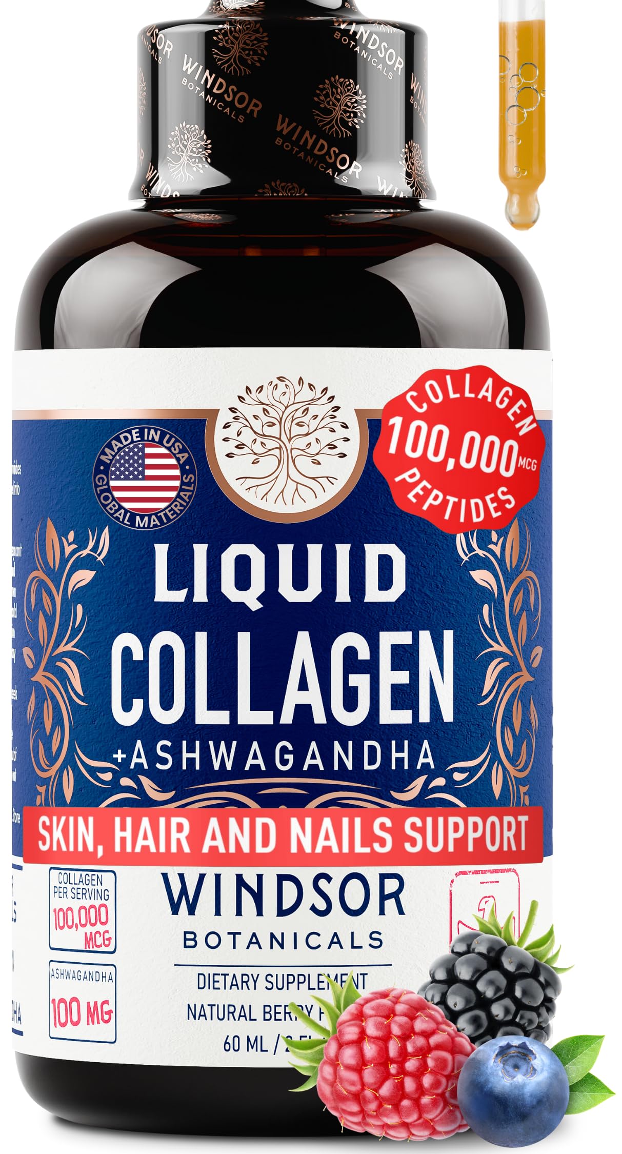Liquid collagen with ashwagandha and L-Theanine bottle and label – hero image