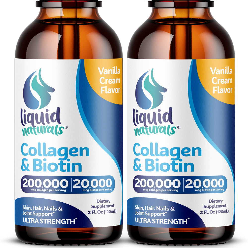 Liquid collagen biotin drops bottle with vanilla flavor label