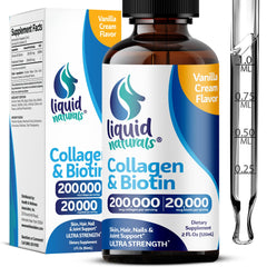 Liquid collagen and biotin bottle with vanilla label