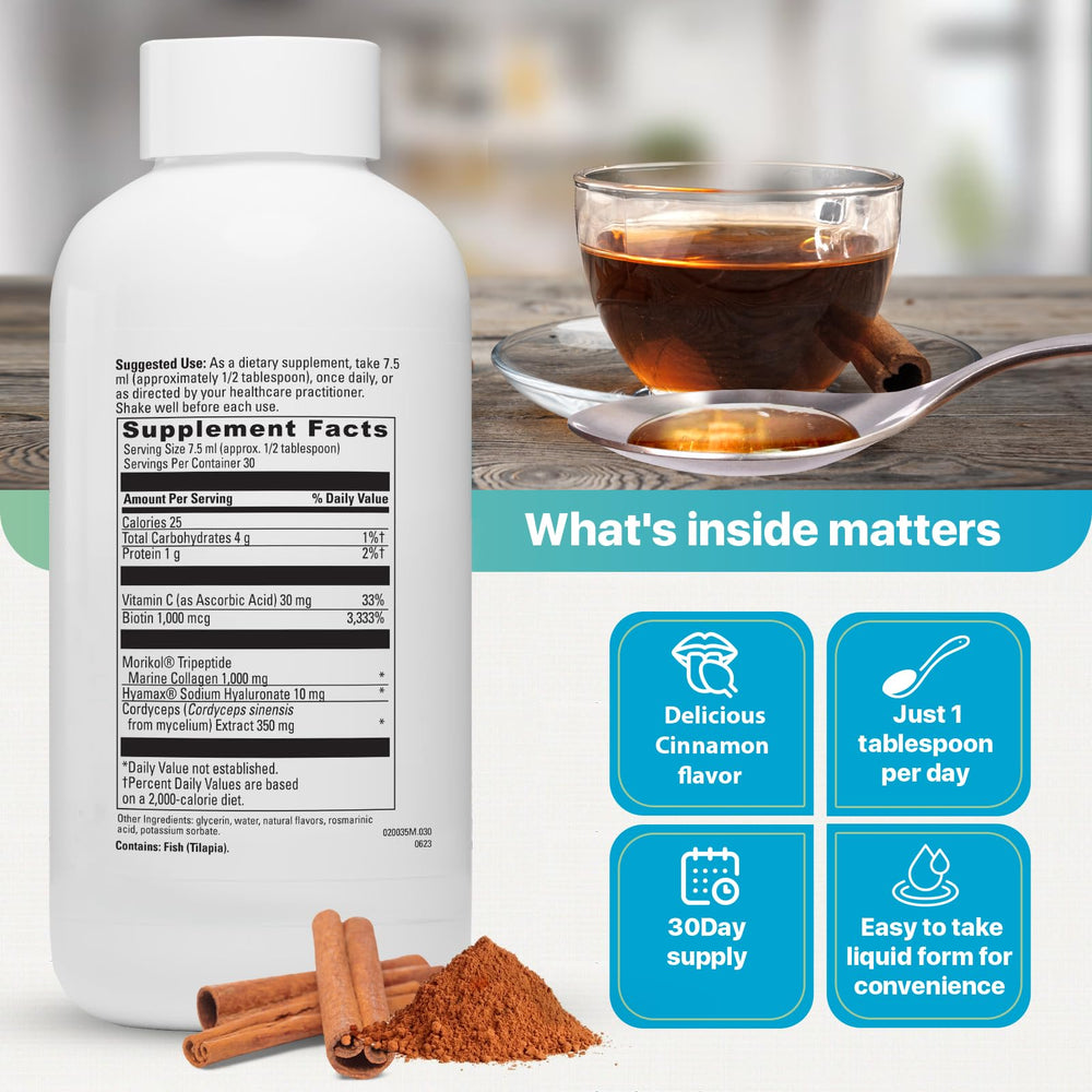 Side view of the liquid collagen bottle with the label details visible.
