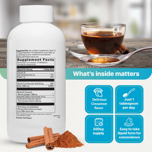 Side view of the liquid collagen bottle with the label details visible.