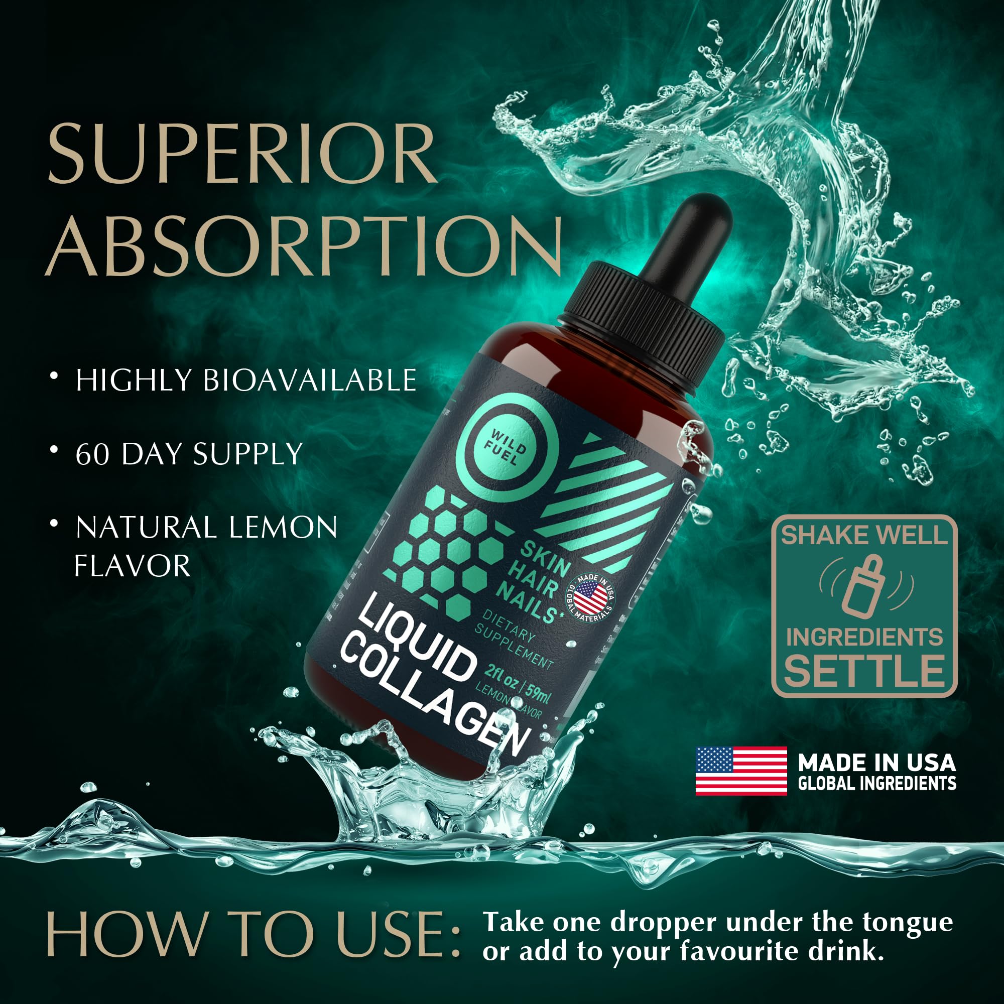 Two 2oz bottles of liquid collagen drops with biotin on white background