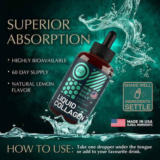 Two 2oz bottles of liquid collagen drops with biotin on white background