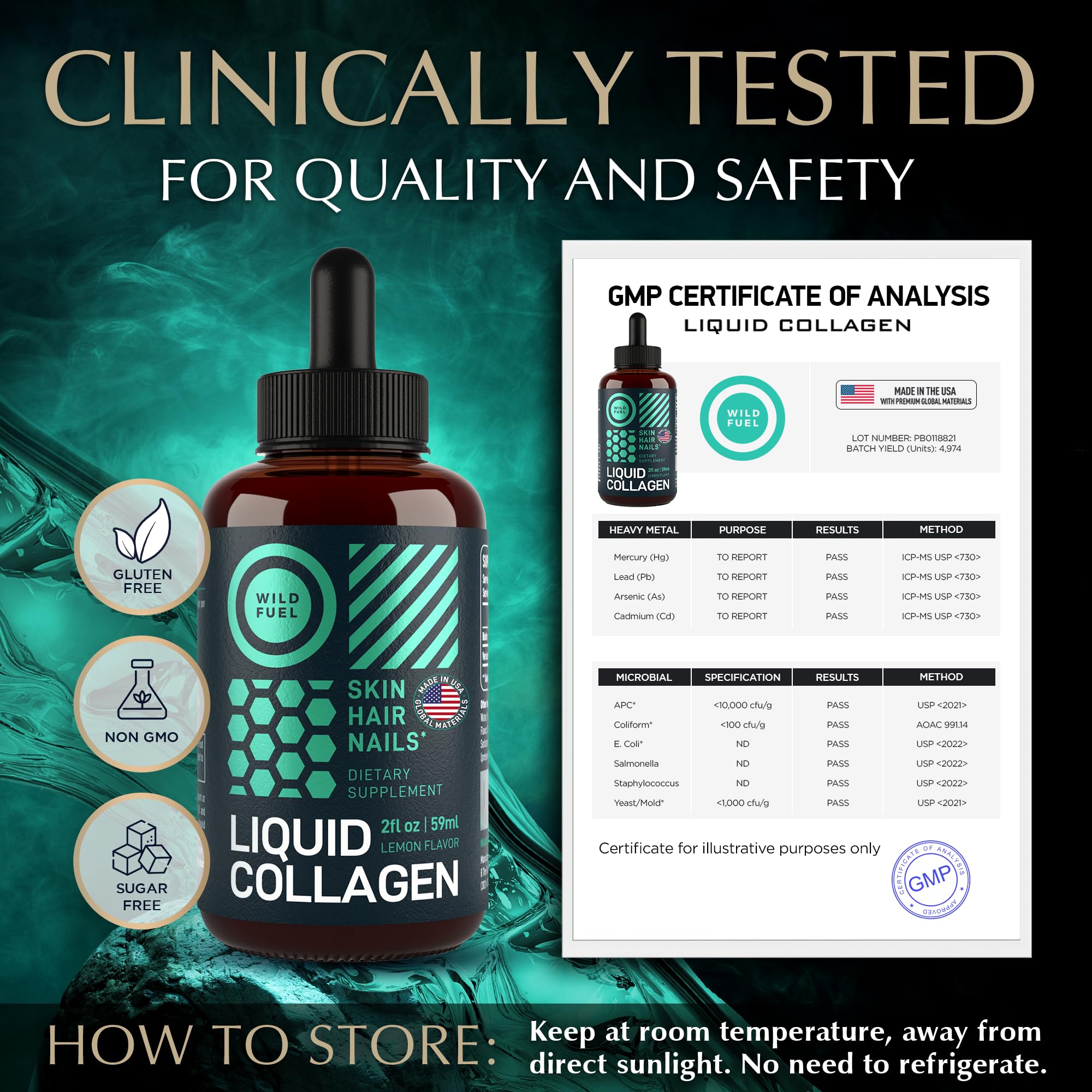 USA-made label on collagen drops bottle