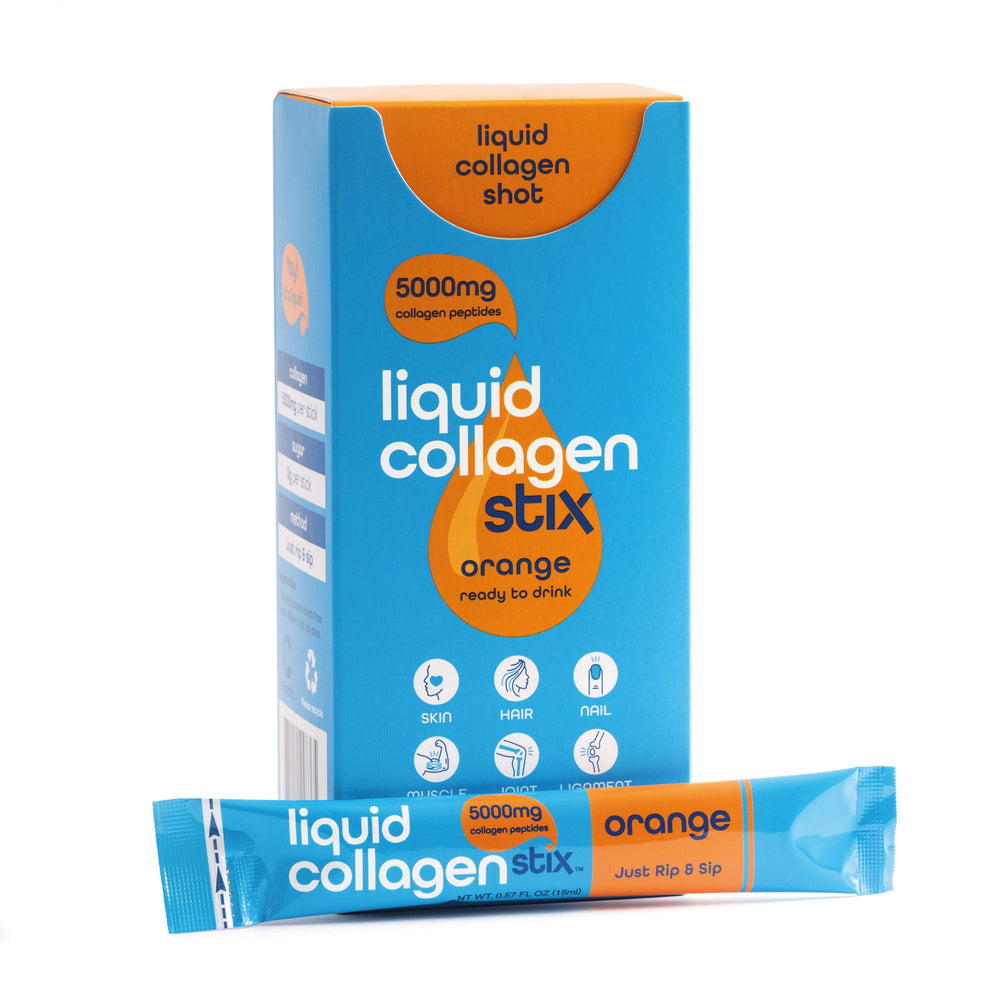 Liquid Collagen Stix orange flavor bottle with 14-pack