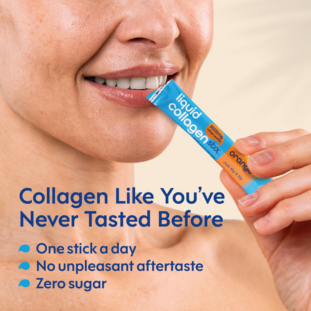 Close-up of serving size 0.57 fl oz and collagen label
