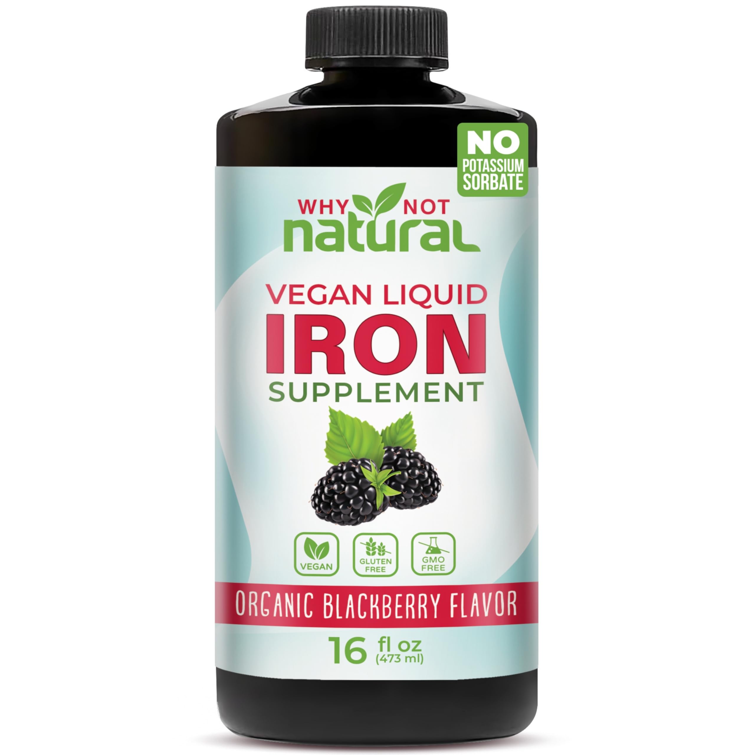 Berry-flavored liquid iron supplement bottle (16 oz) for anemia.