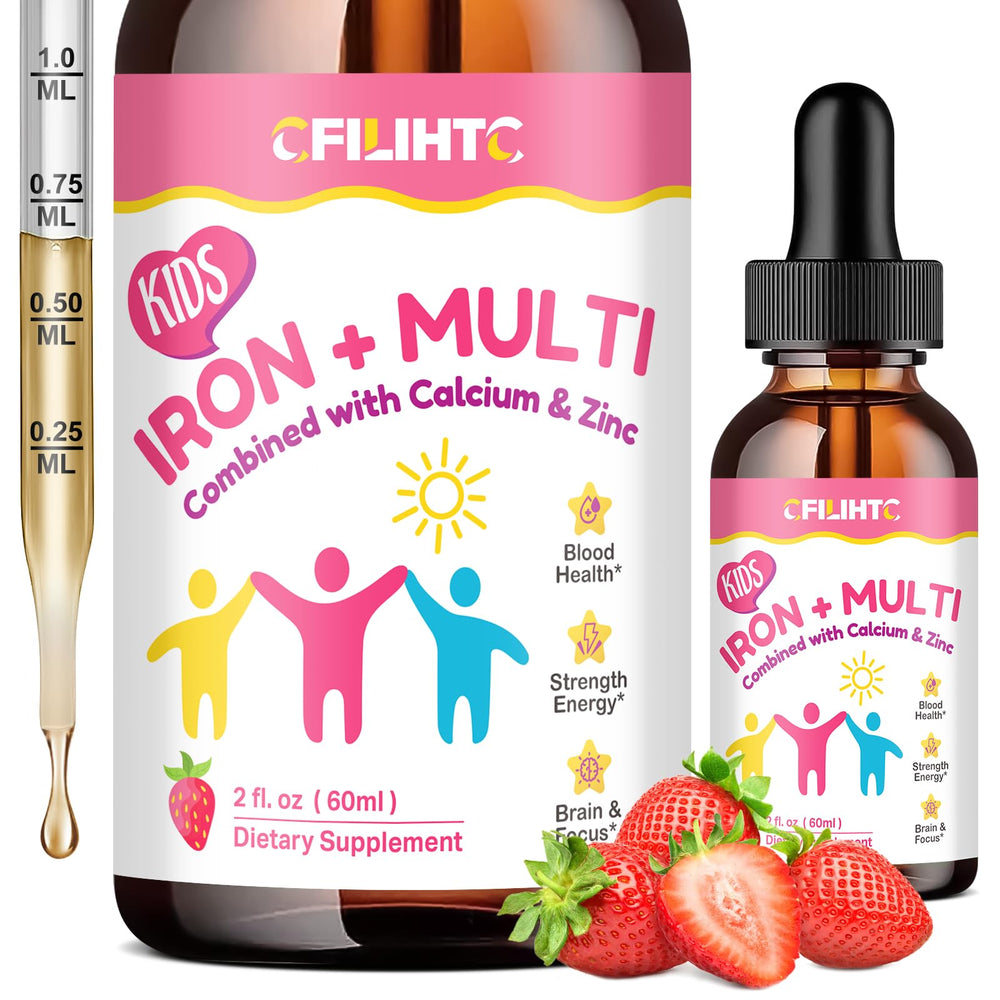 Front view of liquid iron supplement bottle for kids, women, and men