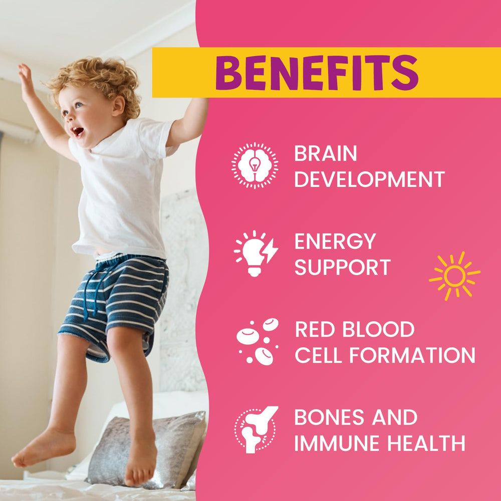 Child-friendly liquid iron supplement bottle label