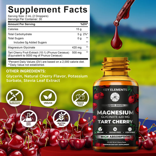 Liquid magnesium glycinate drops with tart cherry extract label