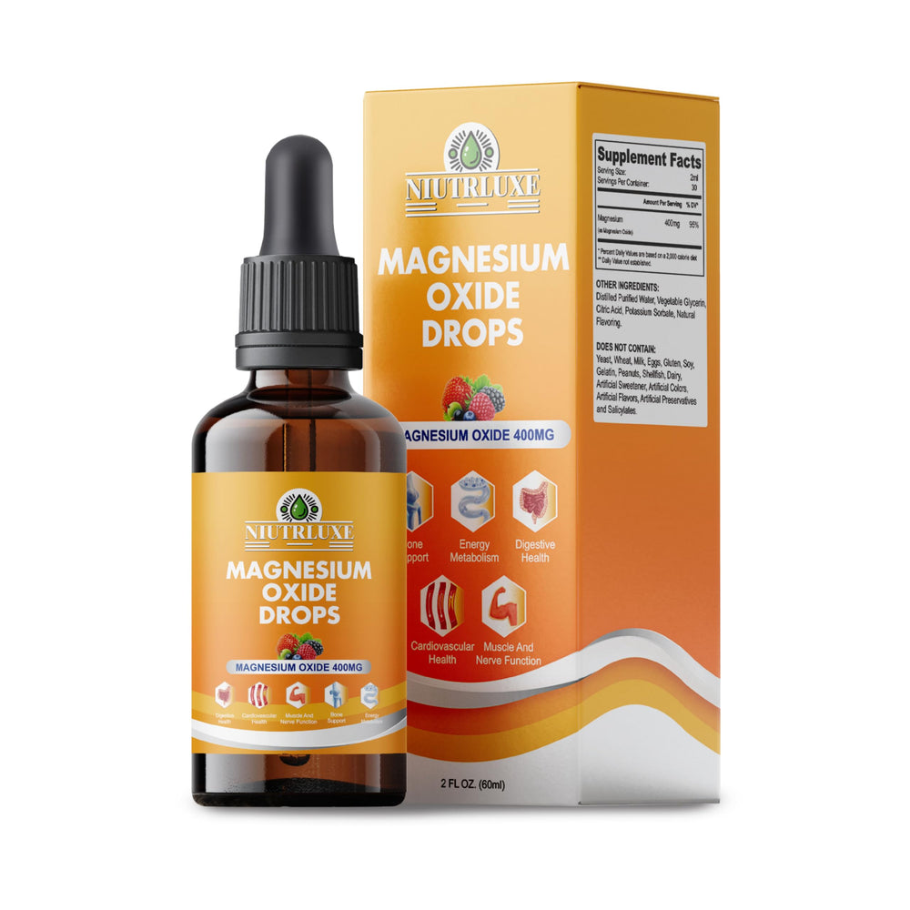Bottle of NIUTRLUXE Liquid Magnesium Oxide Drops 400mg – 60ml