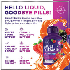Family using liquid multivitamin bottle for women, men and kids