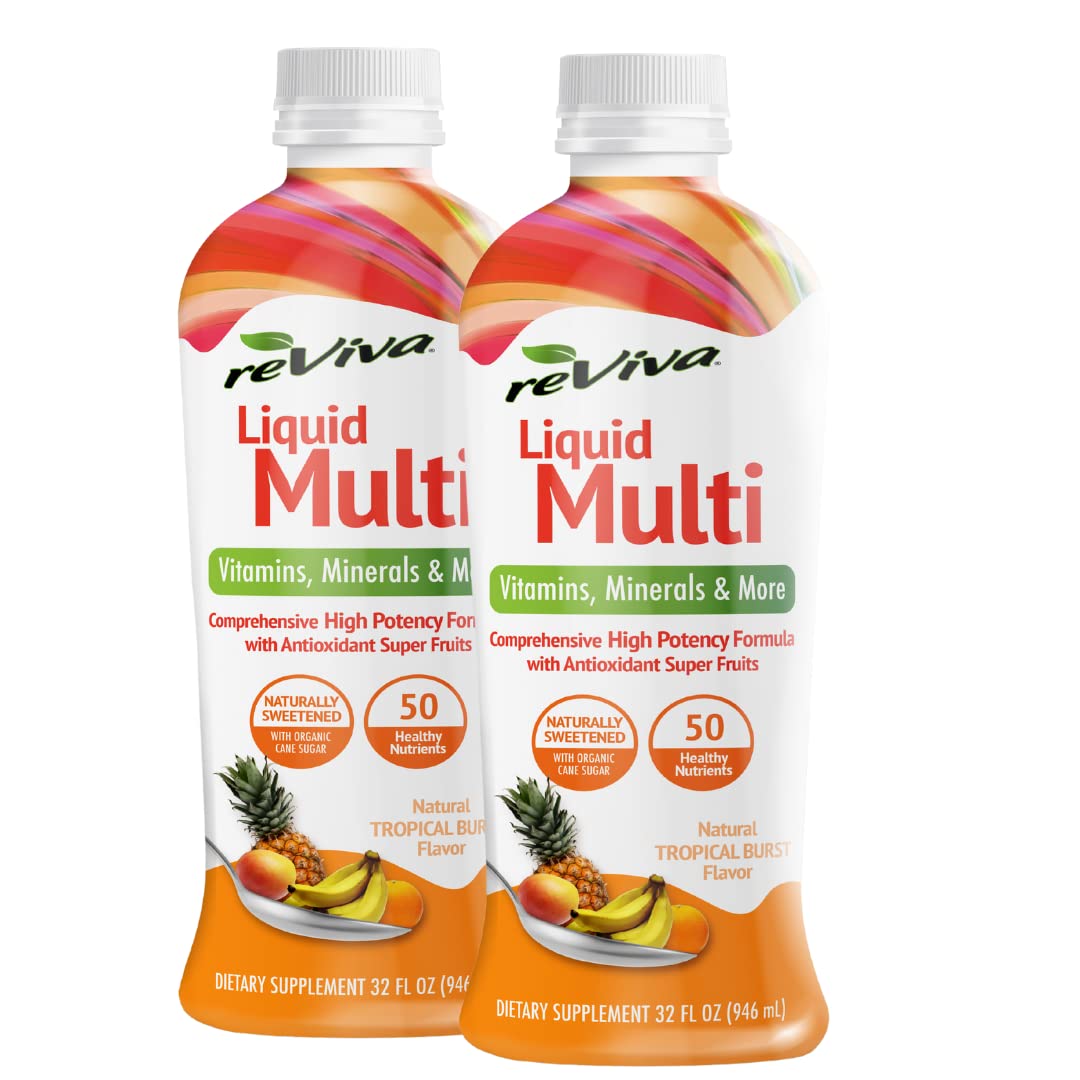 ReViva Liquid Multivitamin bottle front view showcases tropical flavor and gluten-free formula.