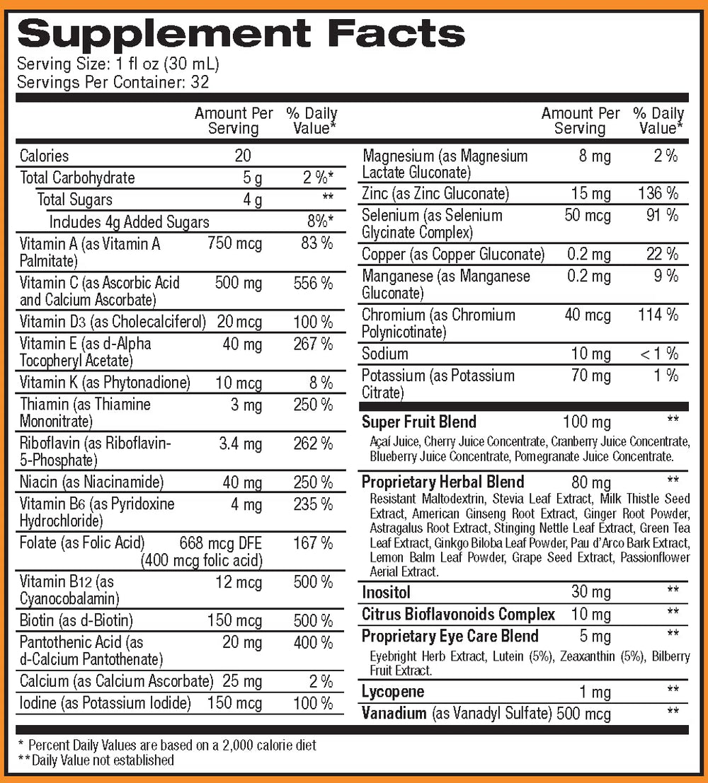 ReViva Liquid Multivitamin bottle side view highlights two bottles and 32 oz total.