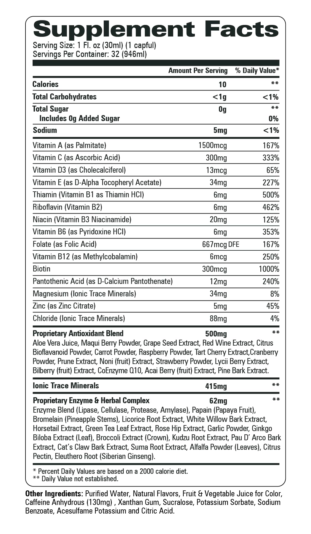 Close-up of ingredients: 47 vitamins, enzymes, minerals