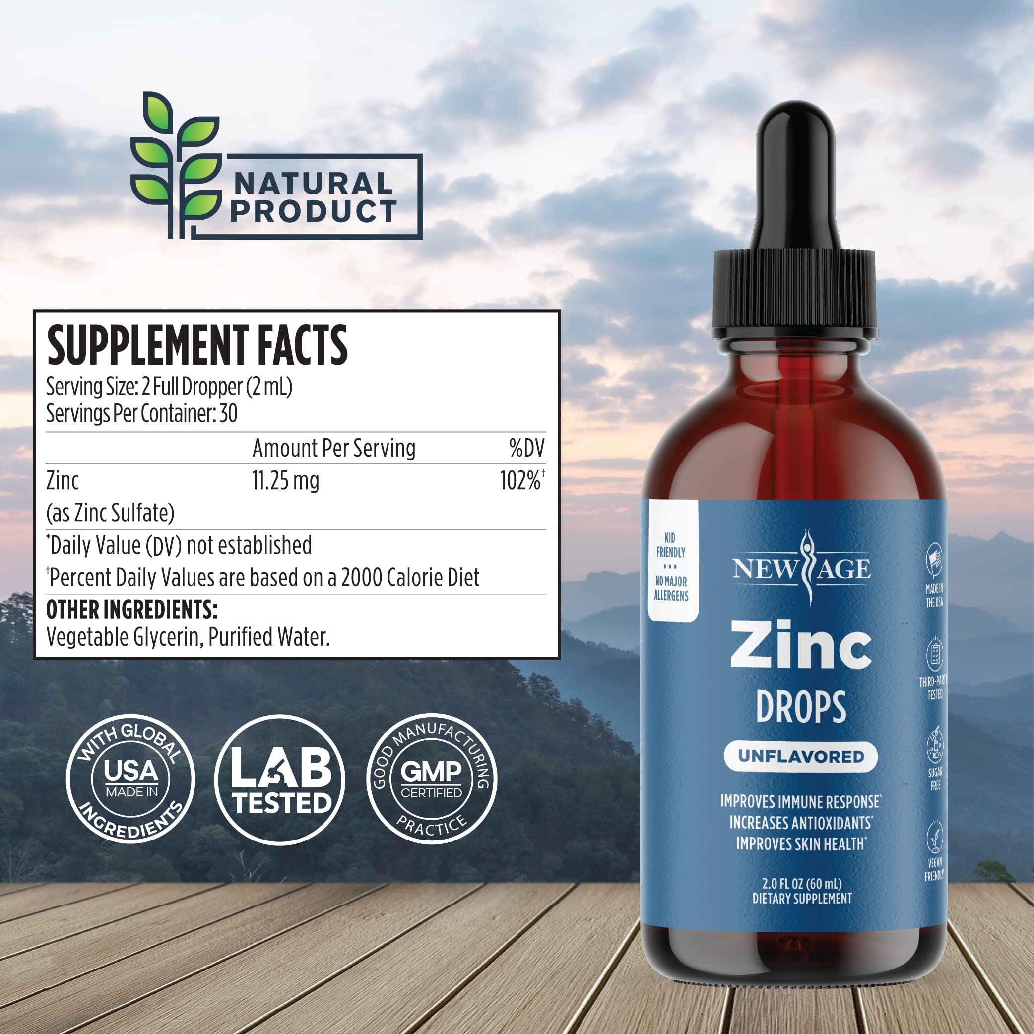 Zinc Drops bottle label highlighting immune support