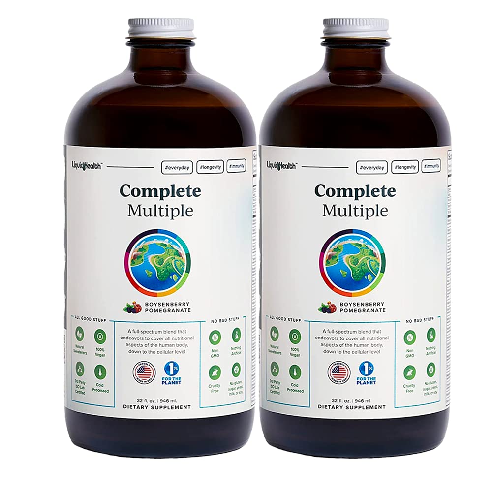 LIQUIDHEALTH Complete Multivitamin bottle on a kitchen counter for daily wellness.