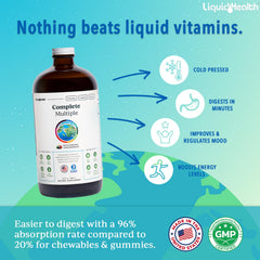 Close-up of label on LIQUIDHEALTH Complete Multivitamin bottle