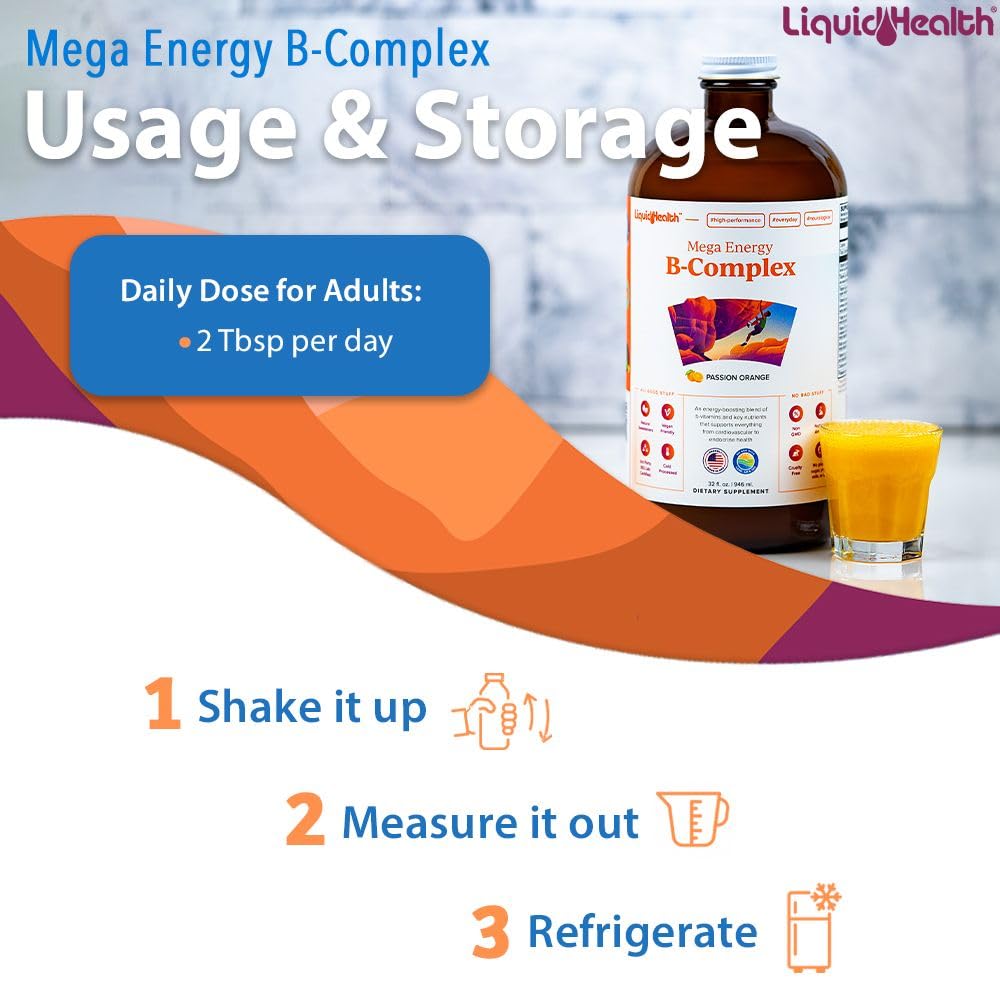 LIQUIDHEALTH Mega Energy B-Complex in a glass with a beverage for easy mixing.