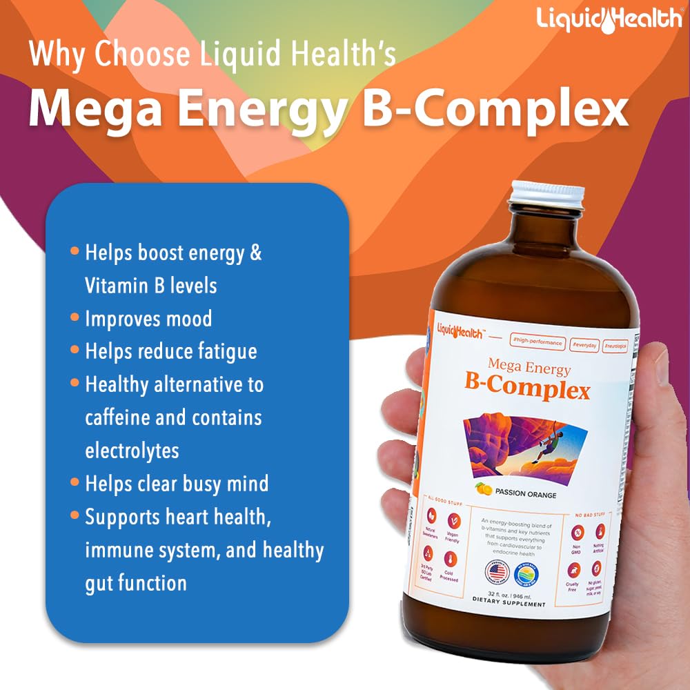 LIQUIDHEALTH Mega Energy B-Complex label highlights vegan, sugar-free formula.