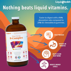LIQUIDHEALTH Mega Energy B-Complex being poured for quick, caffeine-free energy.