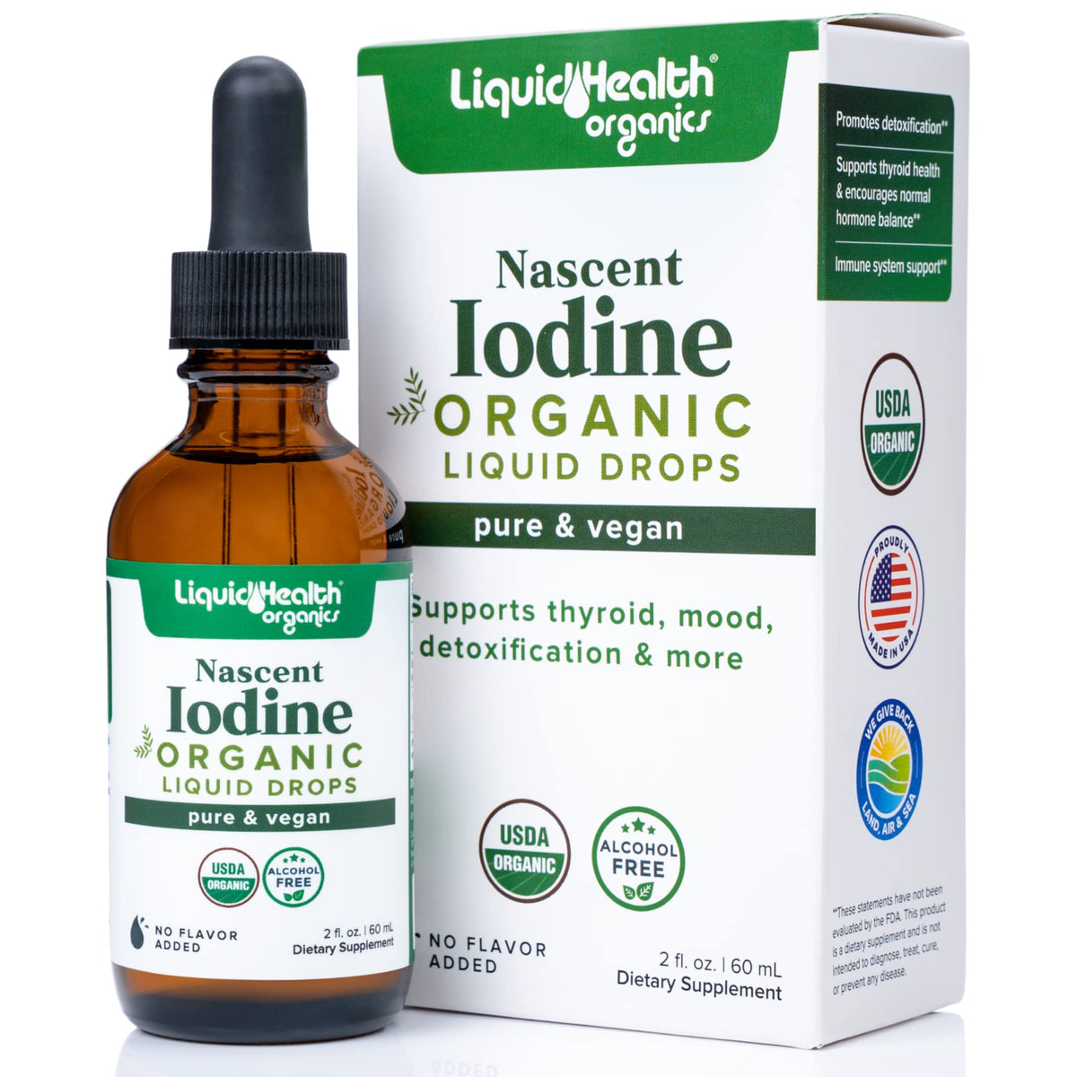 Bottle of LIQUIDHEALTH Nascent Iodine Drops, 2 oz, USDA Organic, Made in USA