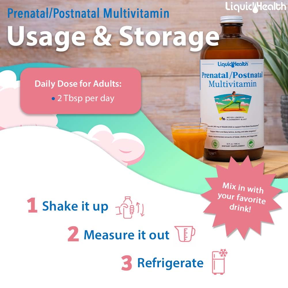 Front view of LIQUIDHEALTH prenatal/postnatal liquid multivitamin bottle