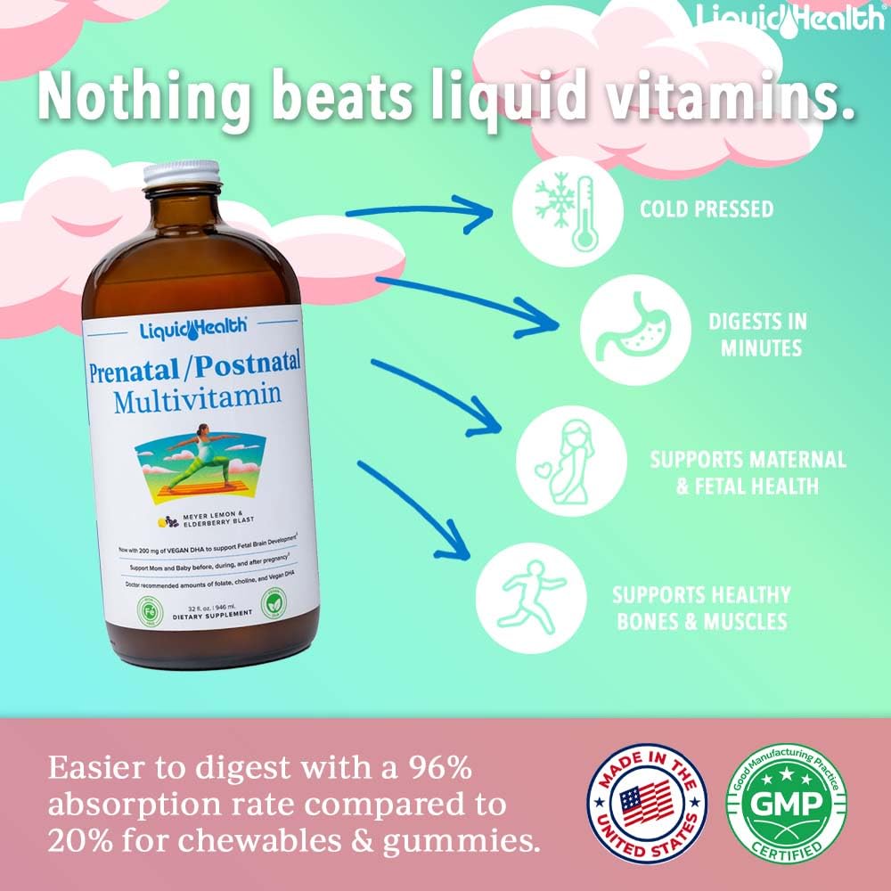 Close-up of LIQUIDHEALTH Prenatal/Postnatal bottle label showing USA Made and vegan