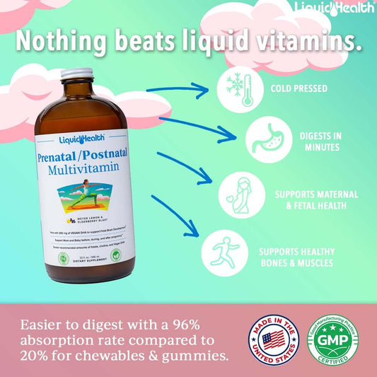 Close-up of LIQUIDHEALTH Prenatal/Postnatal bottle label showing USA Made and vegan