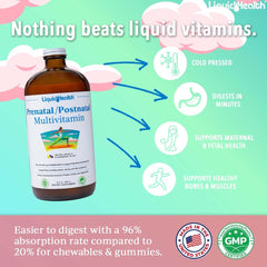 Close-up of LIQUIDHEALTH Prenatal/Postnatal bottle label showing USA Made and vegan