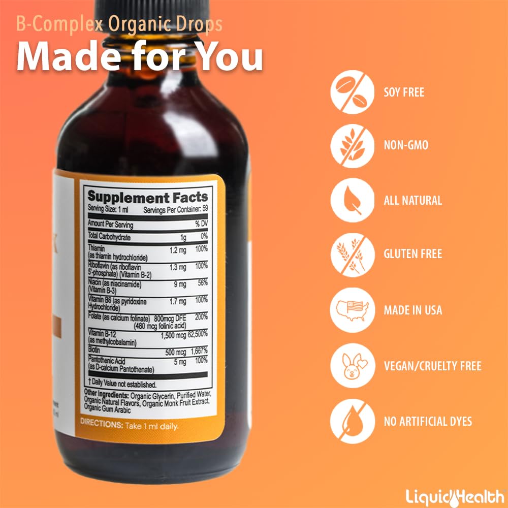 USA-made LIQUIDHEALTH Vitamin B Drops packaging with Made in USA seal