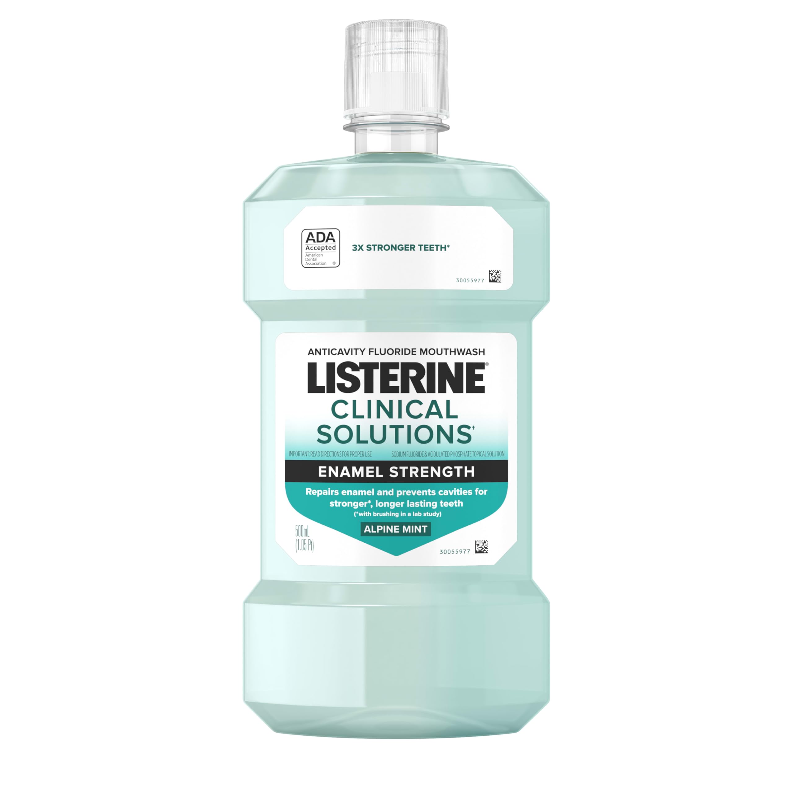 Front view of Listerine Clinical Solutions Enamel Strength Alpine Mint mouthwash 500 mL
