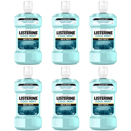Front view of Listerine Cool Mint Alcohol-Free Mouthwash 500 mL 6-pack
