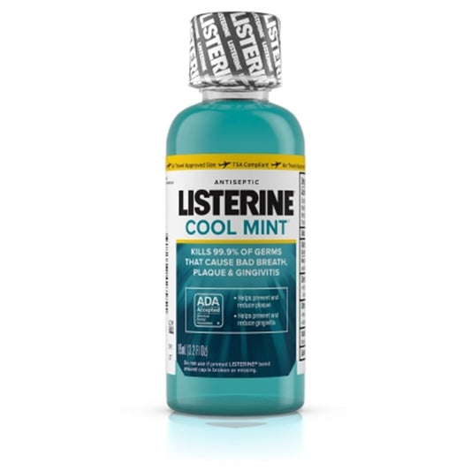 Listerine Cool Mint Antiseptic Mouthwash 3.2 fl oz bottle in a 24-pack, mint flavor