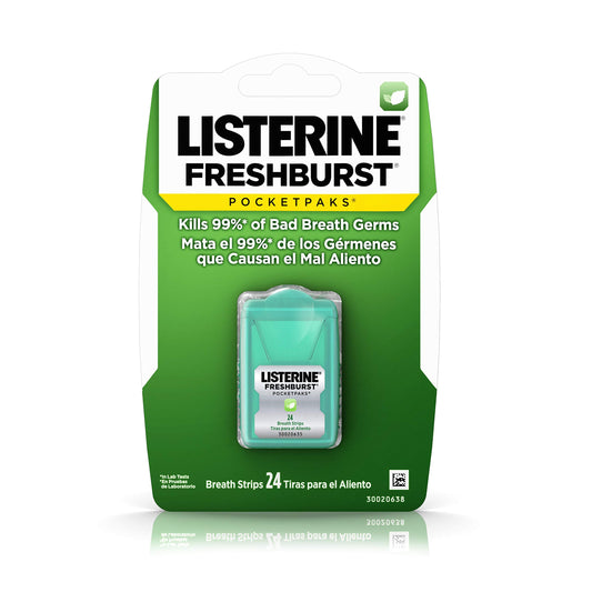 Front view of Listerine Freshburst Pocketpaks 24-strips package