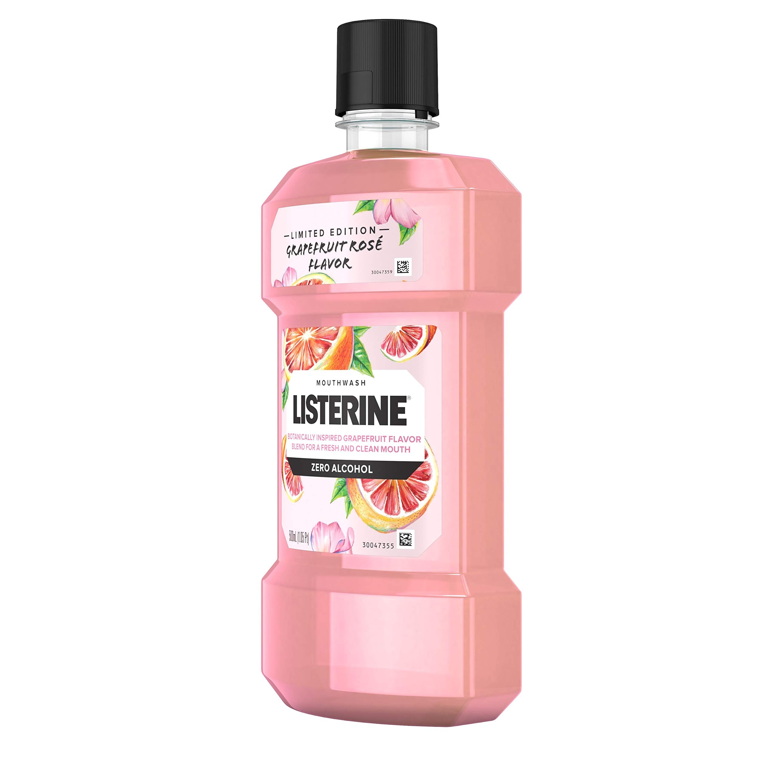 Close-up of Grapefruit Rose flavor label on Listerine bottle
