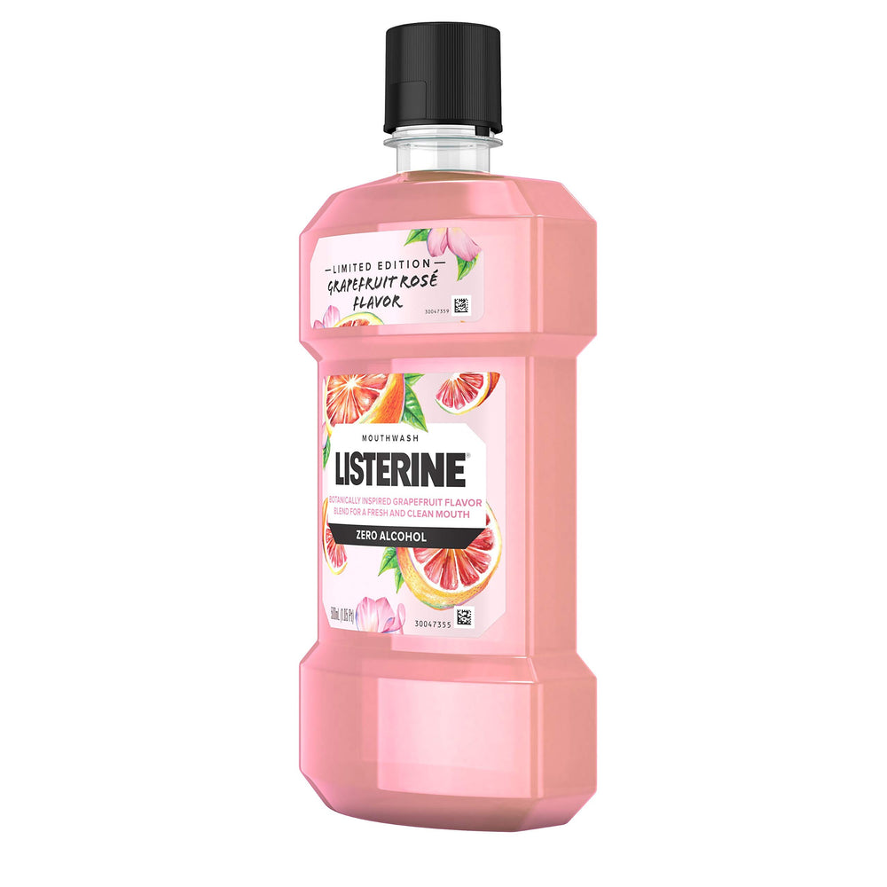 Close-up of Grapefruit Rose flavor label on Listerine bottle