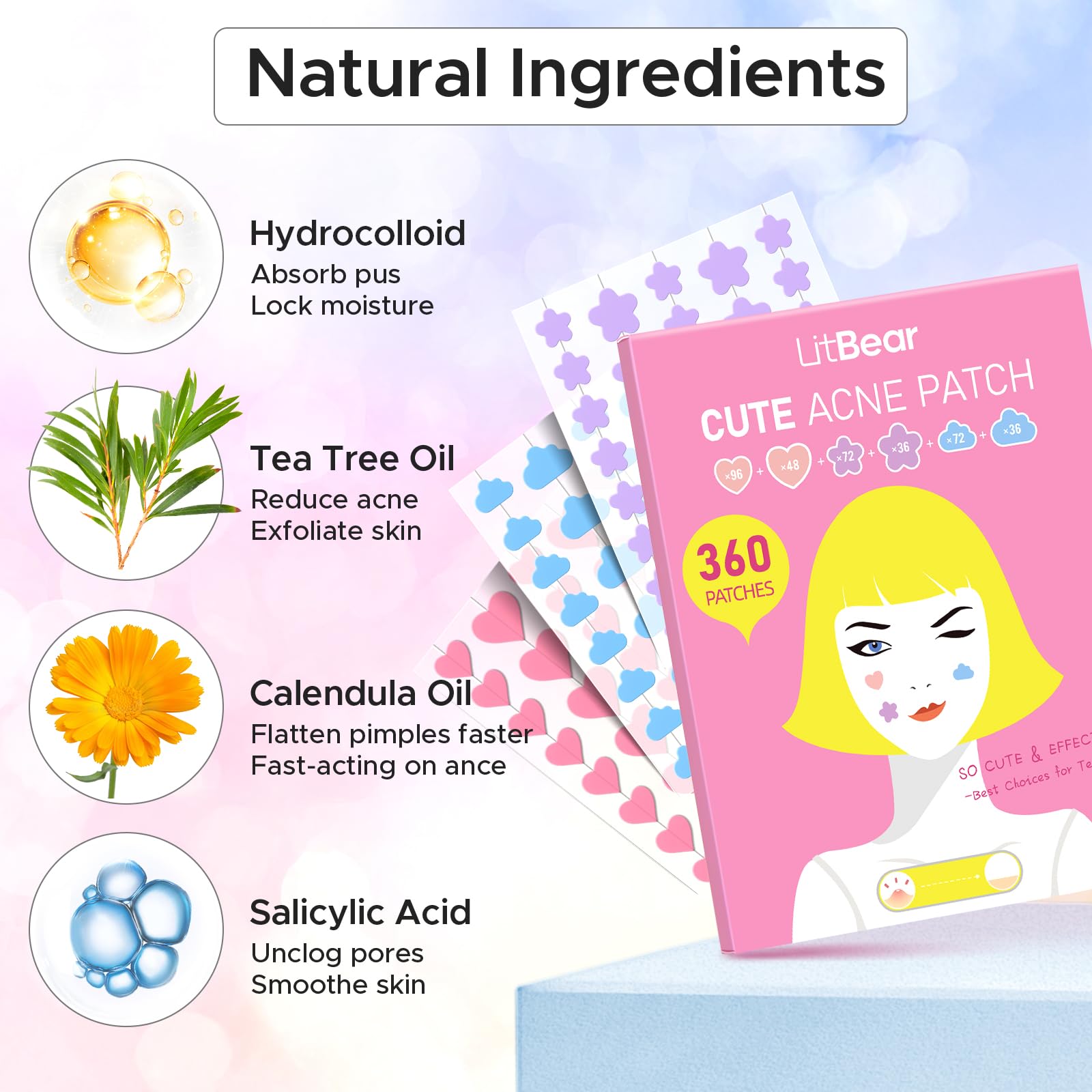 LitBear purple flower patch on skin provides gentle coverage