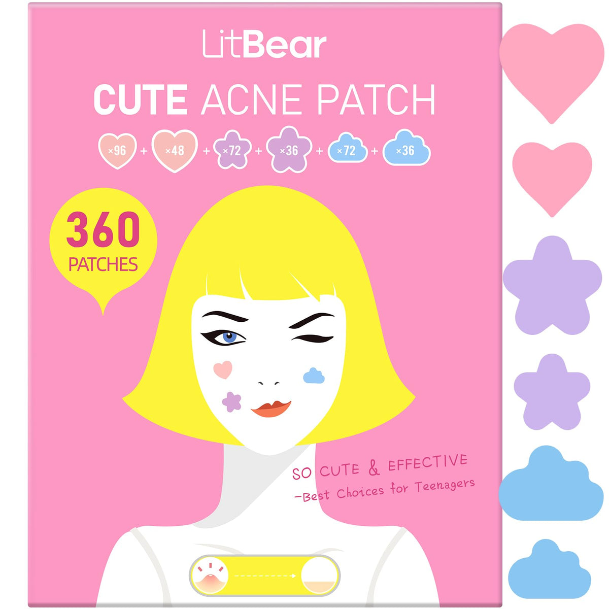 LitBear heart-shaped pink patch on skin for discreet blemish protection