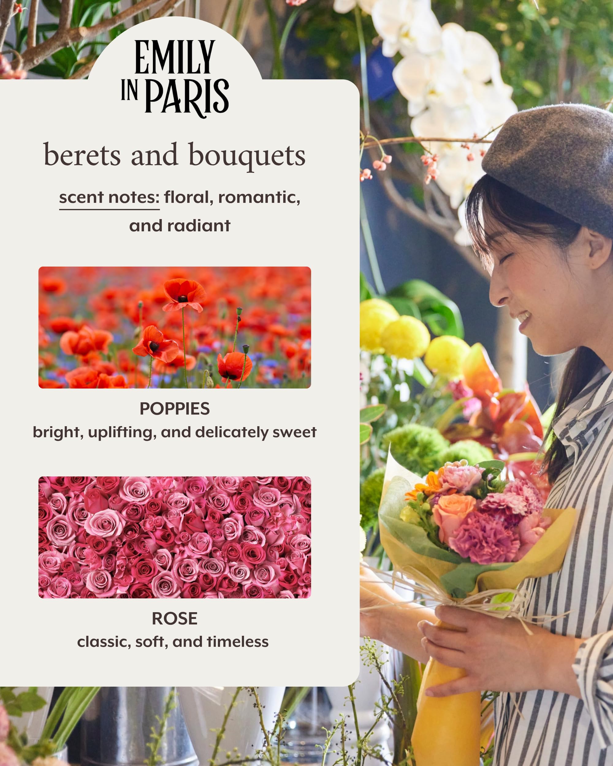 Literie Emily candle, poppies-rose scent close-up, fills rooms with floral elegance and inviting fragrance.