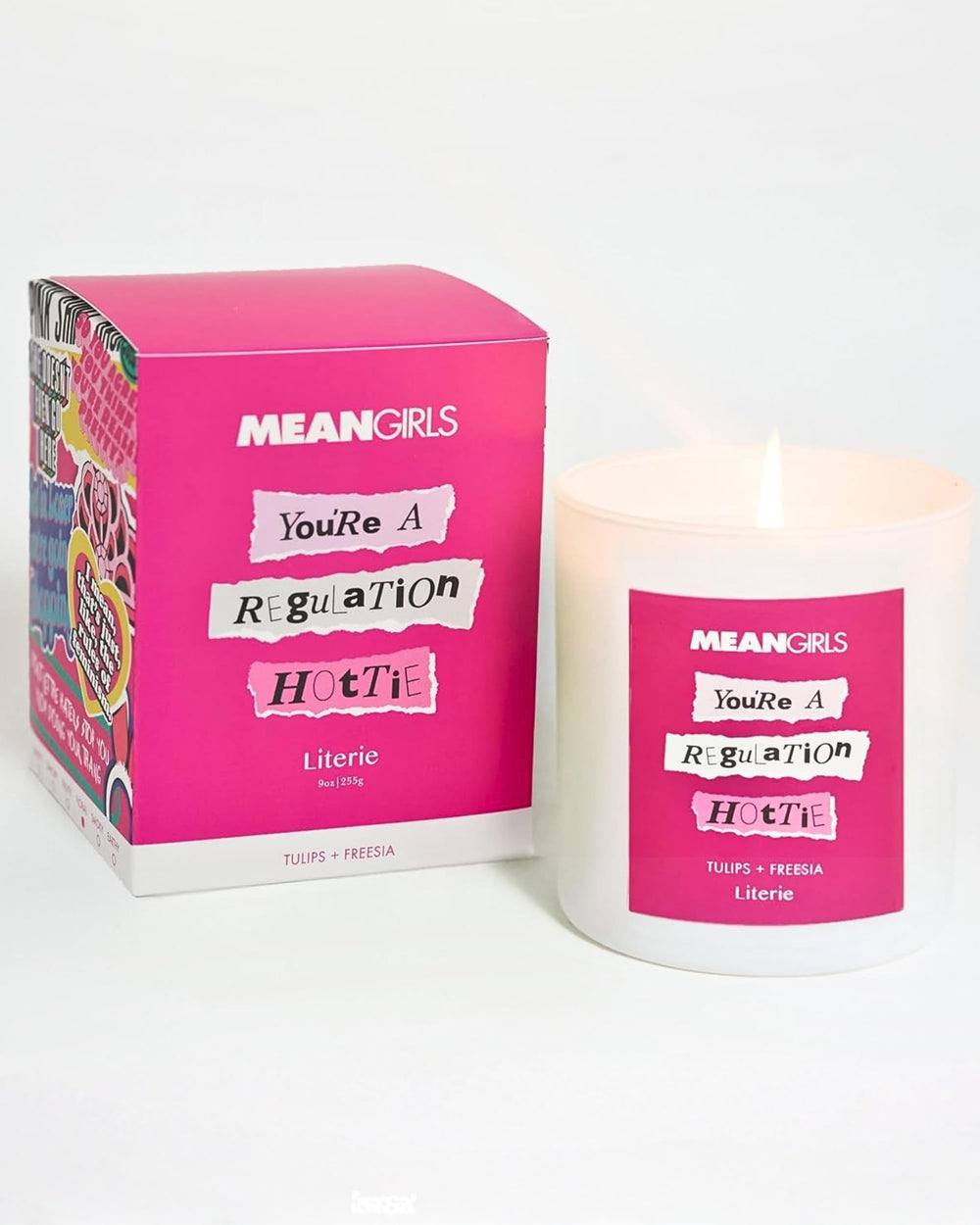 Literie Mean Girls candle jar close-up highlights Tulips and Freesia aroma for mood enhancement