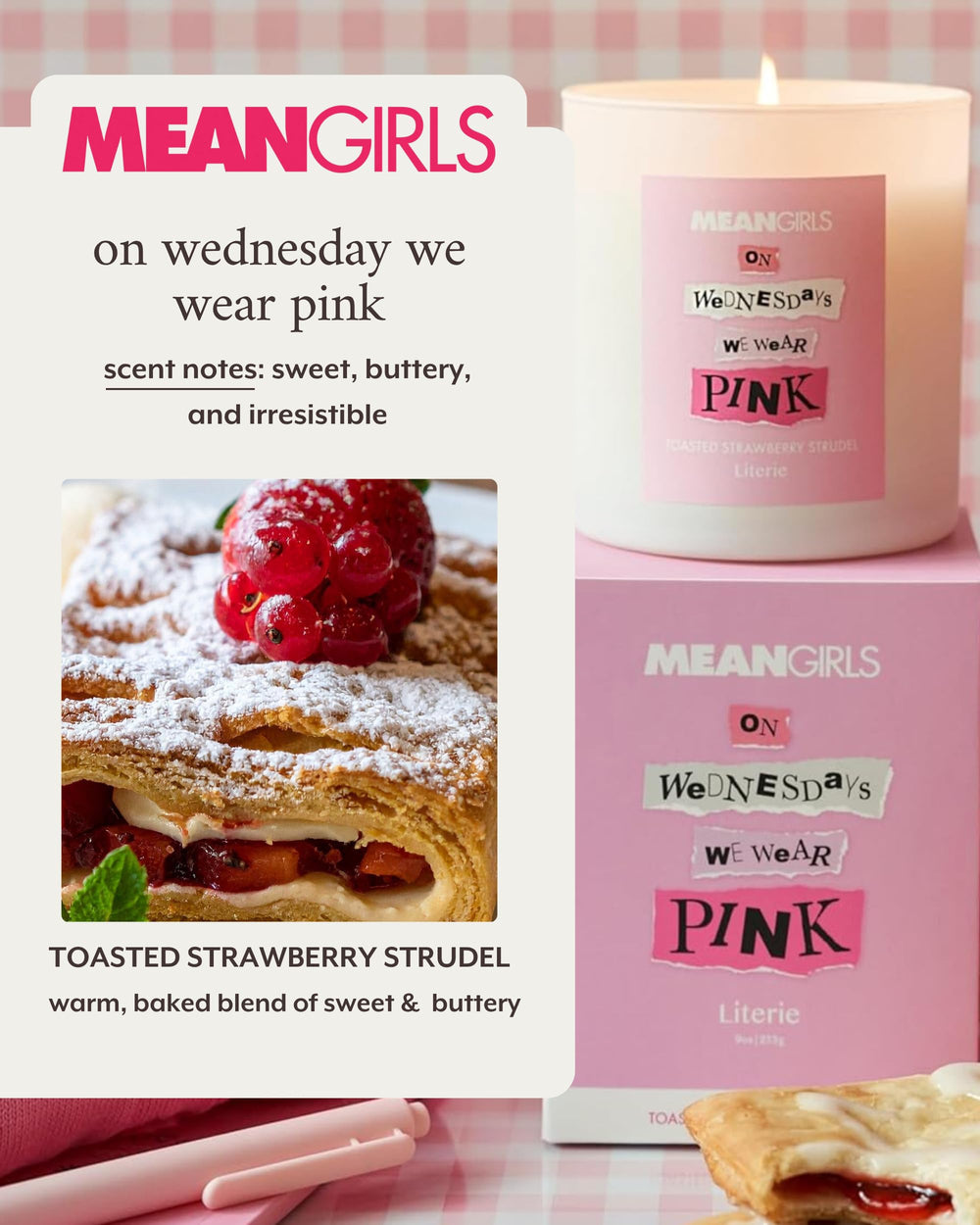 Literie Pink-Perfection candle glass jar with toasted-strawberry scent for cozy evenings.