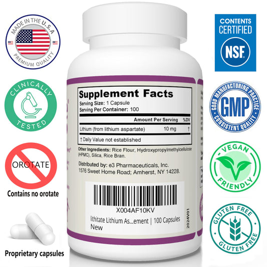 Close-up of Lithitate bottle showing 10mg lithium aspartate