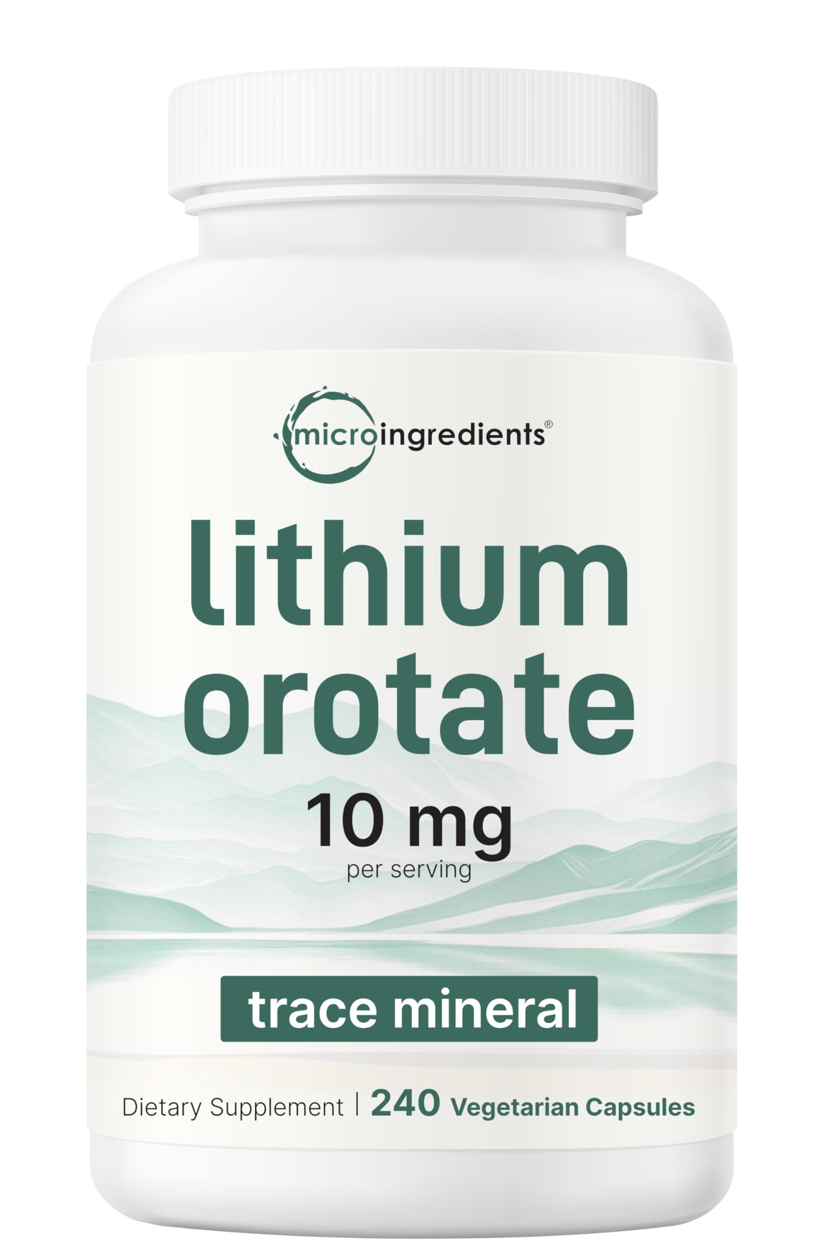 Bottle of Lithium Orotate 10mg, 240 veggie capsules