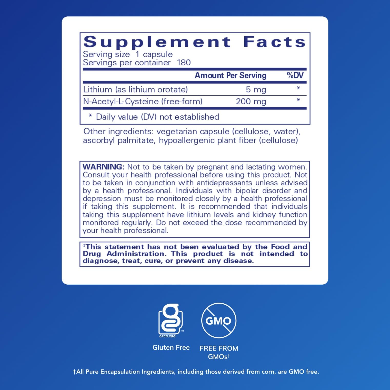 Lithium Orotate 5 mg and NAC brain support supplement label