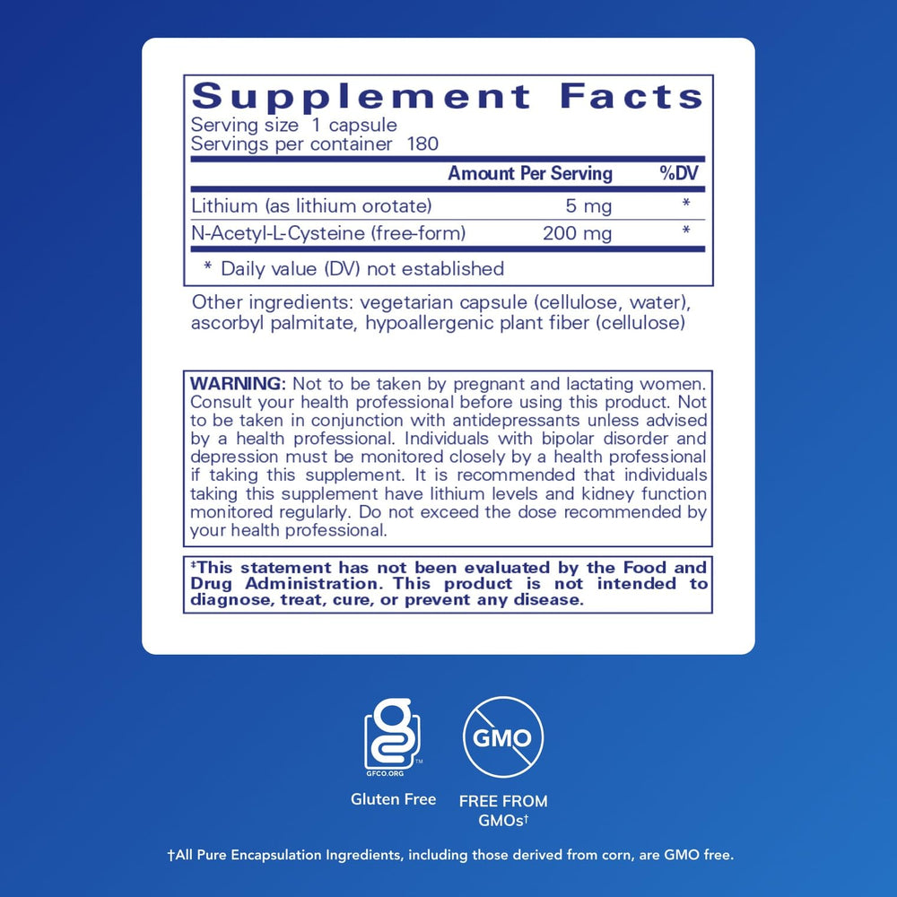 Lithium Orotate 5 mg and NAC brain support supplement label