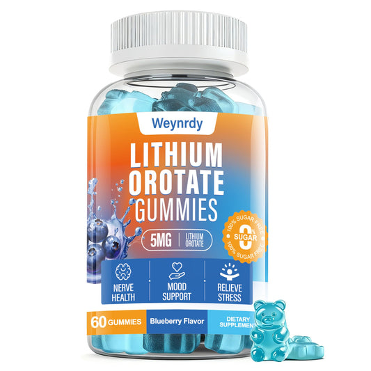 Front label of Lithium Orotate Gummies bottle – 60 count, blueberry flavor